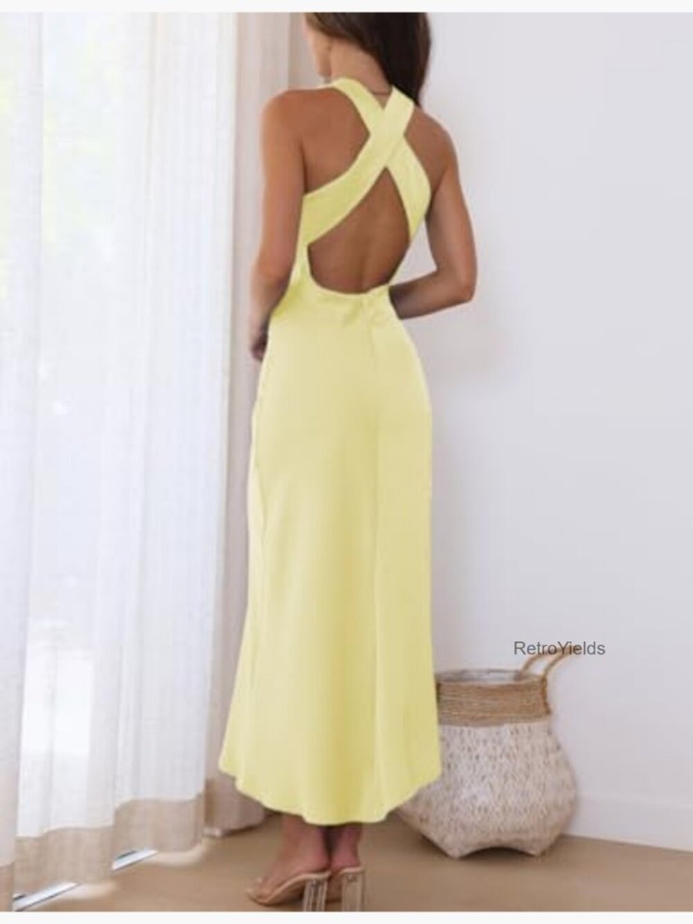 Satin High Neck Backless Midi Dress Mock Neck Wrap Cocktail Dress - Picture 2 of 5
